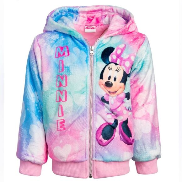 DISNEY JR MINNIE Coat Jacket Size 5 Pink Fuzzy Warm Lining Hood Full Zip. - Picture 1 of 8